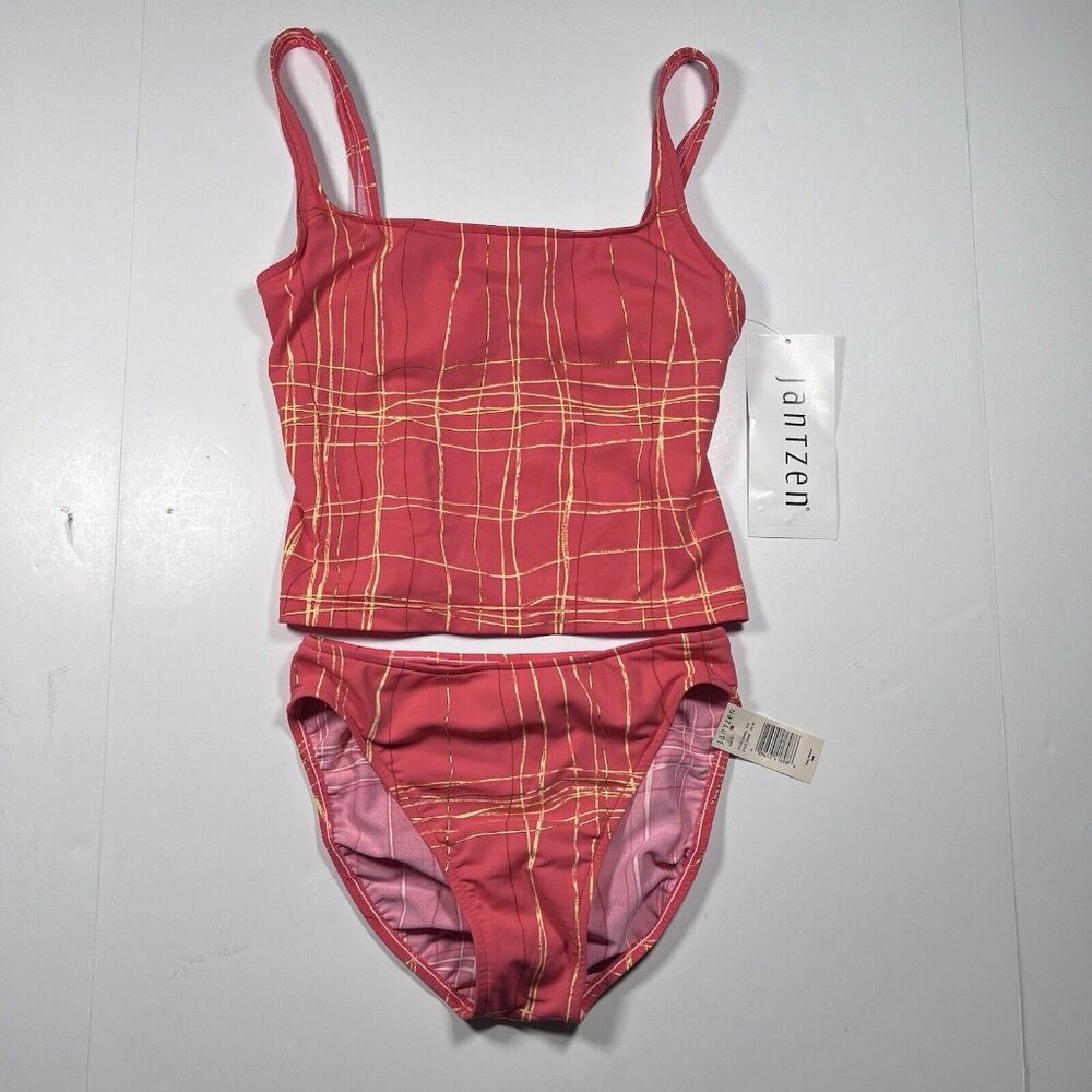 Jantzen Swimsuit Women’s Size 10 Coral & Gold Stripe 2 Piece Bikini & Tank